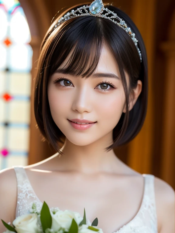 (highest quality:1.5)、(Realistic:1.5)、(1 person:1.5)、(Medium Shot:1.5)、Very detailed、High resolution、8k wallpaper、、Small breasts、Natural color lips、Cute Smile、Japanese women、20-year-old girl、Beautiful and elegant face、Perfect and beautiful face、Large, balanced eyes、Brunette's eyes、Beautiful and elegant face、Beautiful double eyelids、Natural Bangs、Beautiful thin nose、Beautiful Skin、Fair skin、Medium Bob Hair、Natural Bangs、Perfect and beautiful face、Slim face and figure、(Looking at the camera with a sweet smile)、Bright lighting、Professional Lighting、Forward lighting、Natural smile、Wedding ceremony in a church with beautiful stained glasermaid wedding dress、tiara、Holding a bouquet、