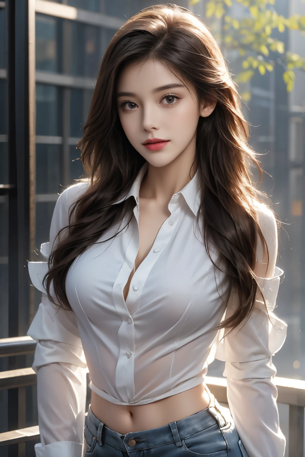 (best quality,8k,masterpiece:1.3),sharp:1.2,perfect body beauty:1.4,slim abs:1.2,layered hairstyle,big breasts:1.2,wet white button long shirt,wet,rain:1.2,street,wet street,highly detailed face and skin texture,detailed eyes,double eyelids,side face looking at the camera