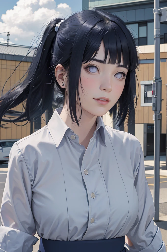 masterpiece, hinata\(boruto\), 1girl, solo, young female, ((((high school uniform)))), (high School), outdoors, looking at viewer, cloudy sky, perfect composition, detailed lips, school building, big breast, beautiful face, body propotion, blush, (pink lips), ((long hair)), purple eyes, soft gaze, sad smile, super realistic, detailed, photoshoot, realistic face and body, realistic pony tail hair, realistic eyes, realistic nose, realistic lips, (((dark blue hair))), 25 years old girl, flowing skirt