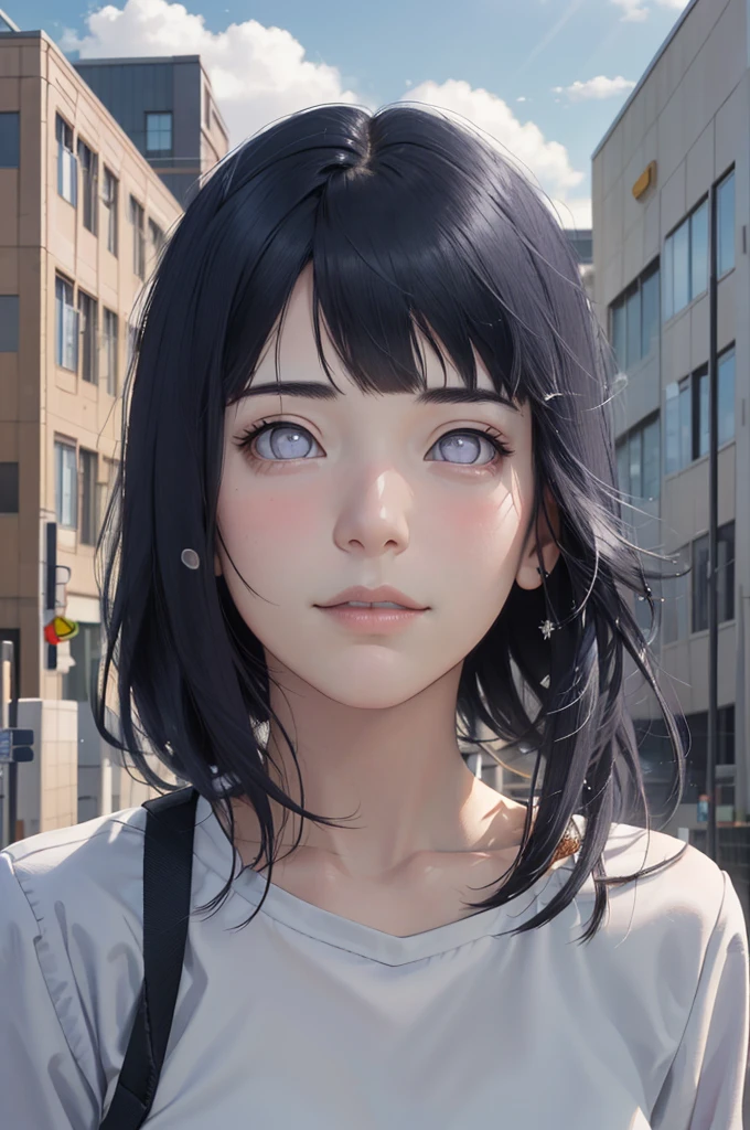 masterpiece, hinata\(boruto\), 1girl, solo, young female, ((((high school uniform)))), (high School), outdoors, looking at viewer, cloudy sky, perfect composition, detailed lips, school building, big breast, beautiful face, body propotion, blush, (pink lips), ((long hair)), purple eyes, soft gaze, sad smile, super realistic, detailed, photoshoot, realistic face and body, realistic pony tail hair, realistic eyes, realistic nose, realistic lips, (((dark blue hair))), 25 years old girl, flowing skirt
