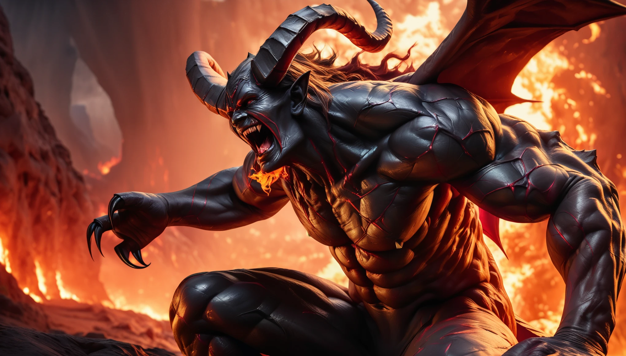 (best quality,4k,8k,highres,masterpiece:1.2),ultra-detailed,(realistic,photorealistic,photo-realistic:1.37),((Lava Demon)),fiery red and orange tones,ominous lighting,eerie atmosphere,demonic figure,large muscular build,long horns,giant wings,sharp claws,demonic tail,burning lava skin,intense smoky aura,sinister facial expression,piercing red eyes,demonic aura,menacing posture,darkened cavernous background,otherworldly presence,colorful overcast sky,fiery landscape,dangerous and powerful appearance,devilish features,lava flowing from its body,dark shadowy shadows,dangerous and intimidating presence,molten flames,ominous aura.