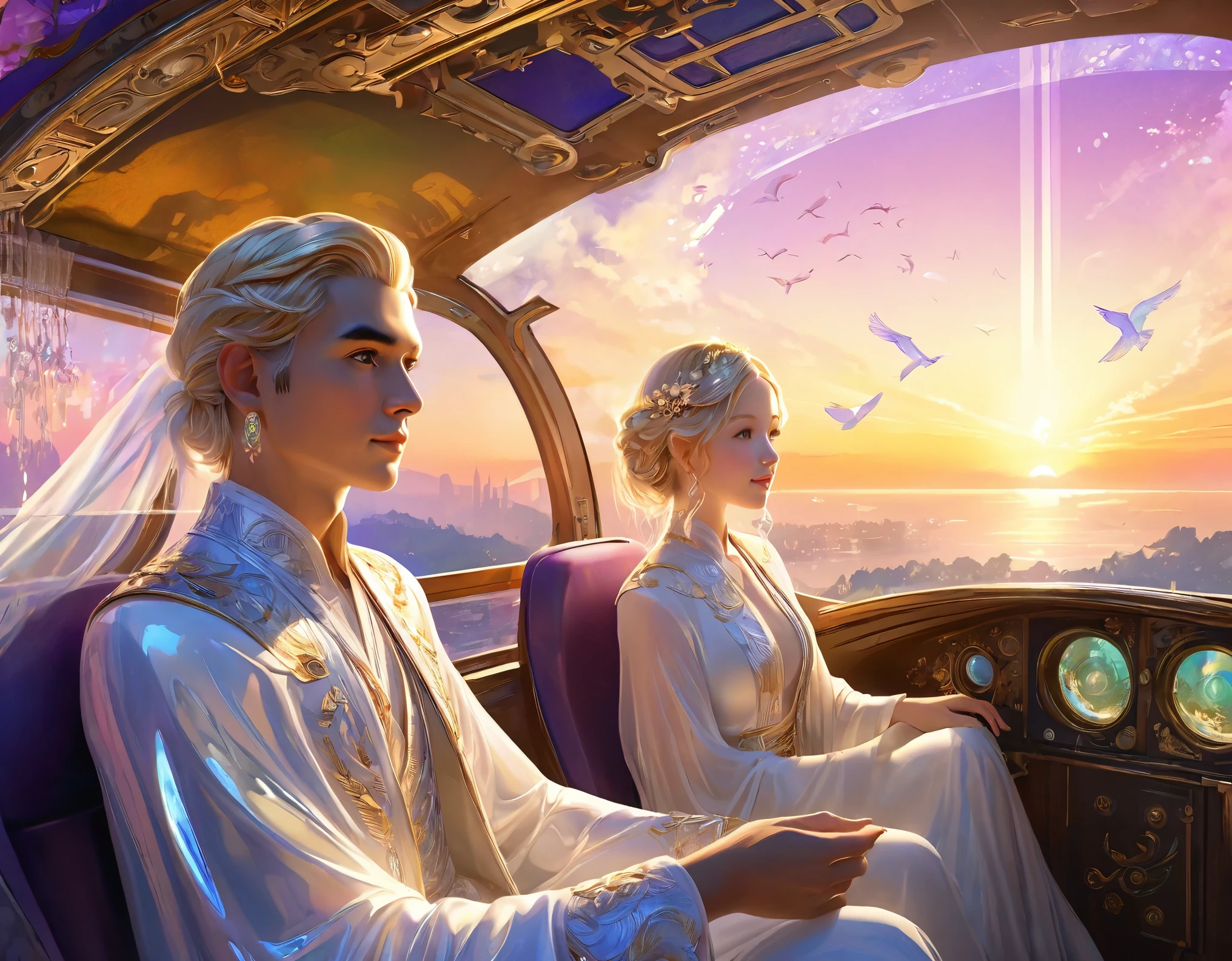 concept art, wallpaper, illustration of girerrealism in the form of a young man and a girl with blond hair on an aircraft made of mirrored material, they are dressed in white spacious clothes in antique style, beautiful happy faces, a large iridescent crystal on the dashboard, iridescent lights of an inversion trace and neon contours of the hull, against a panorama of a valley with waterfalls, a river flowing into the ocean on the horizon, a city in ancient antique style, huge palaces, tall temples, snow-white columns. Clear illustration with an atmosphere of grandeur and harmony, evening warm light, spaciousness, birds, halo, charming perspective, pink-lilac, golden, golden-green, mother-of-pearl colors, neon energies, pictorial image in illustrative digital style, epic illustration, magic, elegant lines, clear focus, unreal engine 5, masterpiece, volumetric lighting, pictorial realism, intracate，xianxia