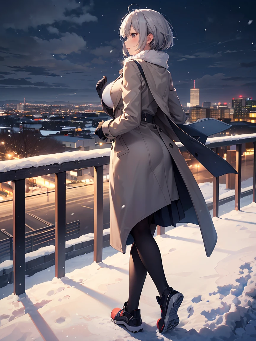 ((masterpiece)), ((top-quality)), (hight resolution:1.4), (extremely detailed CG unified 8k wallpaper),Movie Light Effects,(Near and far law),Ray Tracing, Beautiful lighting,(beautiful night scene:1.4),(projected inset),Midnight,midwinter,(cloudy ash sky:1.2),((In the midst of falling snow)),(from behind),((Snowflake),snow blowing,((Wear a long coat)),(Stand on detailed footbridge stairs:1.4),(Loud shouting gesture:1.4),((Put your hands on your chest)),Black pantyhose,f/2.8,35mm,((Detailed distant cityscape)),Residential area,condominium,apartament,looking at the city,serene ambiance.Pixie Cut,Hair in the ears,Profile of the character,1 cute high school girl,(large full breasts:1.2),Cute Uniform,Grey long skirt slit,sleeveless,Photorealsitic,Background Focus,Panoramic shooting,muffler,gloves