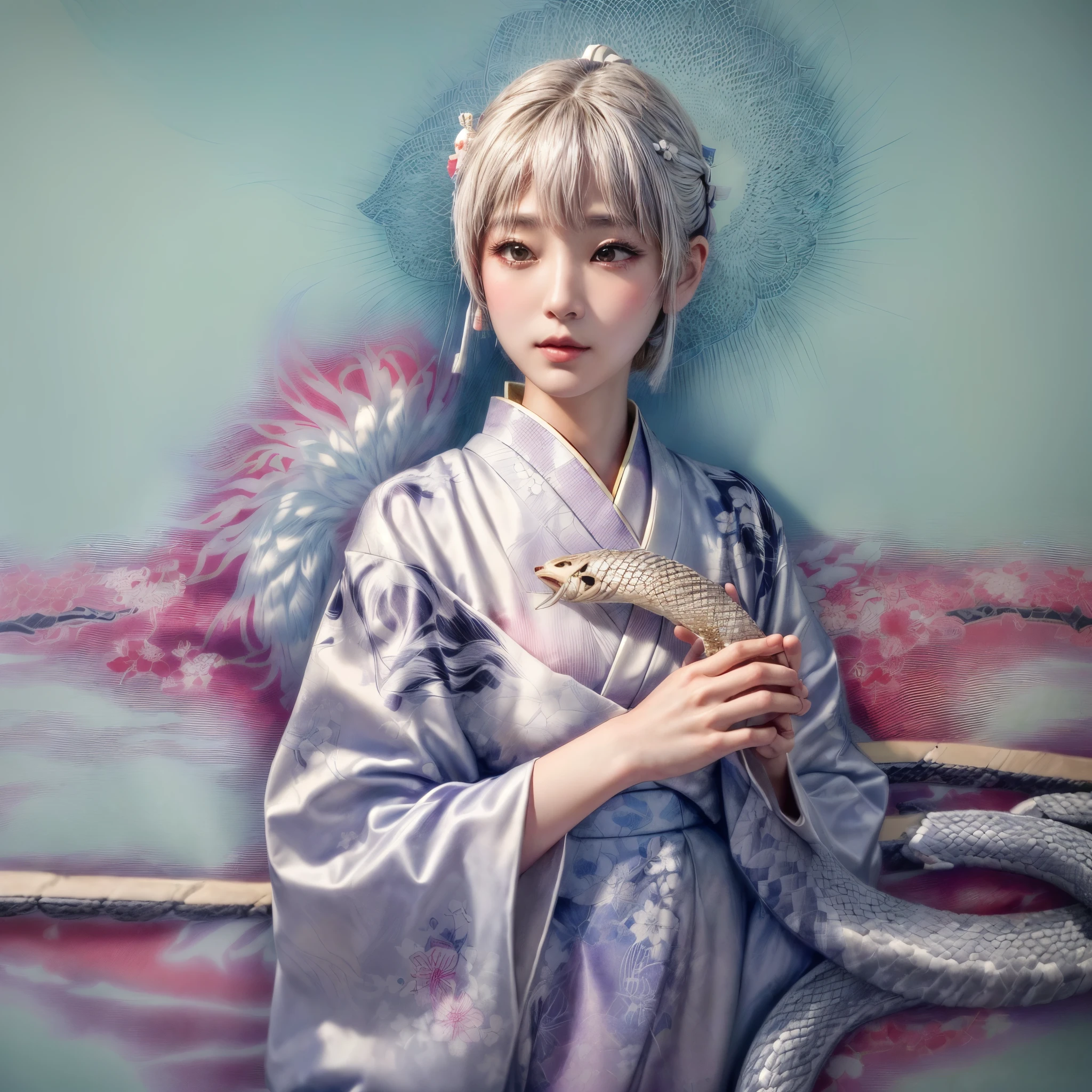 A woman in a kimono is holding a white feathered snake, chie yoshii, inspired by Kanō Naizen, Jinnah Chan, by Kanō Naizen, Kano Tanyou, by Torii Kiyomoto, takato yomamoto. 4k yen, Japonism 3d 8k ultra detailed