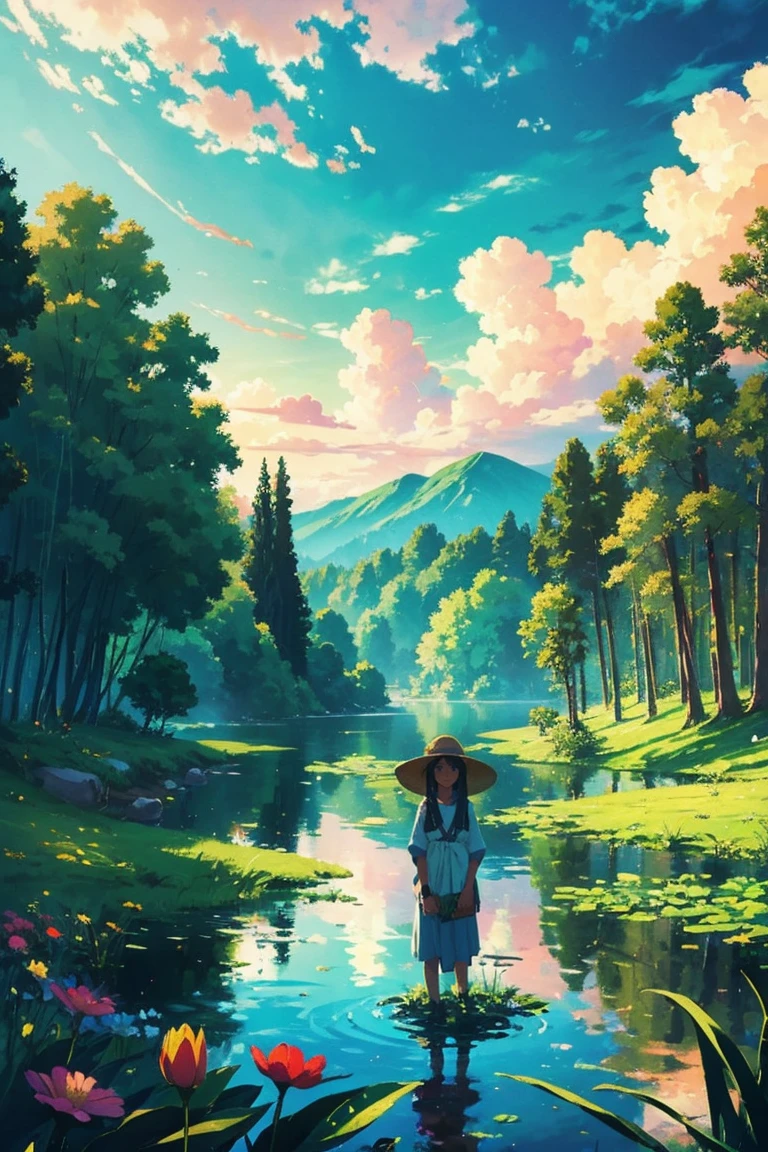 A girl holding a flower and facing a lake, tall green lush trees, clouds, colorful