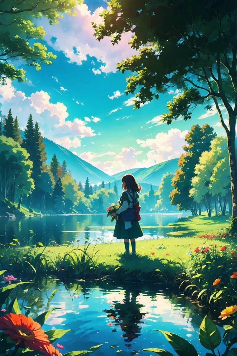 A girl holding a flower and facing a lake, tall green lush trees, clouds, colorful