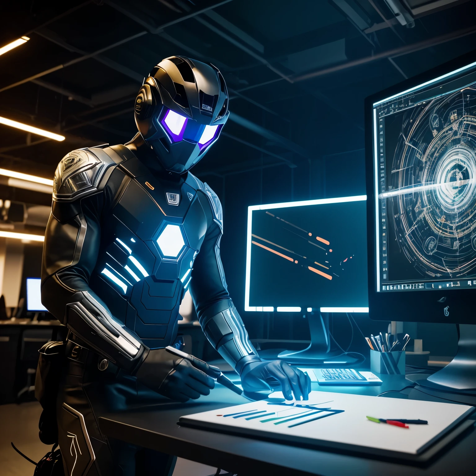 An image of a creator working on both visual and illustrative projects with dynamic movement and lighting effects. The creator's face is covered by a full-face helmet, emphasizing their expressive hands and active engagement in their work. The workspace is filled with a variety of tools, including a digital drawing tablet, styluses, sketchbooks, colorful markers, and cameras for filming. The creator is multitasking, swiftly switching between sketching on the digital tablet and adjusting camera settings. A computer screen displays a digital illustration in progress with vibrant colors and intricate details, while a nearby monitor shows footage being edited with video editing software. Dynamic movement is conveyed through the creator's fast and confident motions across the workspace. Light effects enhance the scene, such as the glow from the computer screens and the play of shadows and highlights on the workspace, creating an energetic and inspiring atmosphere as the creator seamlessly blends different mediums in their work.