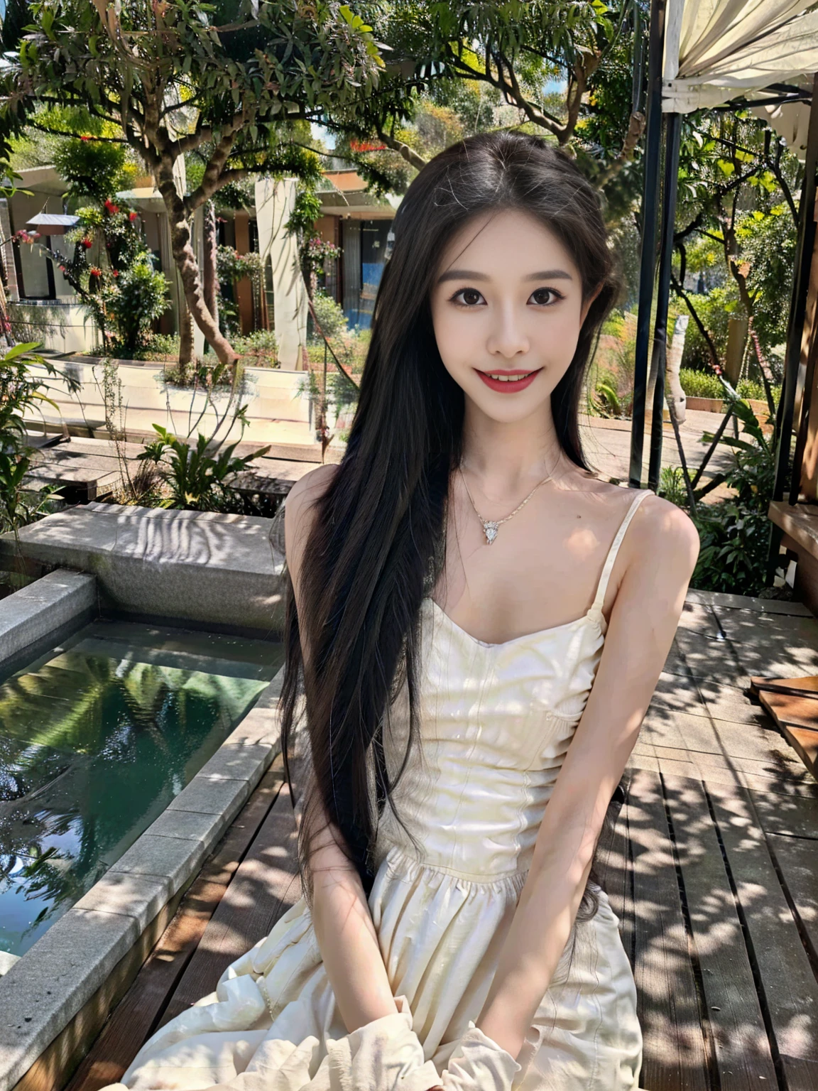 In the small courtyard filled with warm sunshine，A girl next door stood quietly like an elf。Her long black hair like a waterfall，Caress by the breeze，Dancing lightly，As if telling of her liveliness and agility。Her face was filled with a smile as bright and innocent as the sun.，That smile seems to be able to melt all the sorrows in the world，Clear eyes are like sparkling lake water under the sun，Shining，The long eyelashes flutter like a small fan，Add a bit of playfulness and cuteness to those bright eyes。