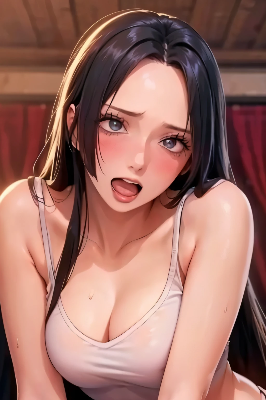 best quality, masterpiece, highly detailed,1girl, Boa Hancock, , (masterpiece:1.5), Detailed Photo, Smiling, Sexy, (8K, Best Quality: 1.4), (1girl), Beautiful Face, (anime realistic Face), (Black Hair, long Hair: 1.3), Beautiful Hairstyle, Realistic eyes, beautiful detail eyes, (white skin), beautiful skin, absurd, attractive, ultra high resolution, ultra realistic, high definition, golden ratio, (sexually aroused:1.5), Pinkish white skin, cool white light, Beautiful , white background, pink soft white light, (Wear a black bra:1.5), (messy hair:1.8), (bukkake:1.8)