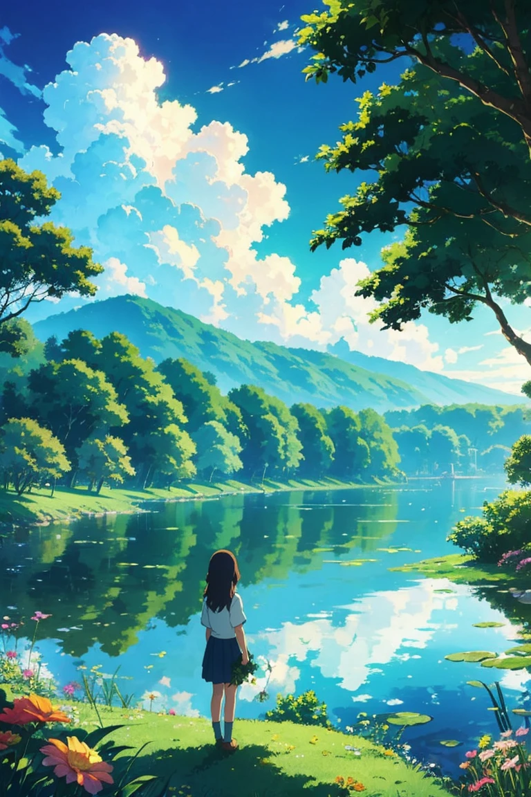 A girl holding a flower and facing a lake, tall green lush trees, clouds, colorful, Studio Ghibli