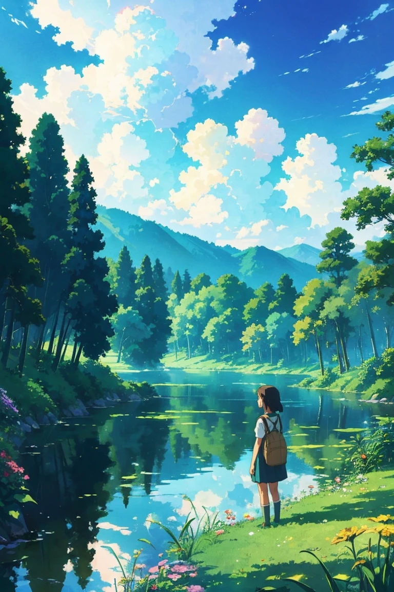 A girl holding a flower and facing a lake, tall green lush trees, clouds, colorful, Studio Ghibli