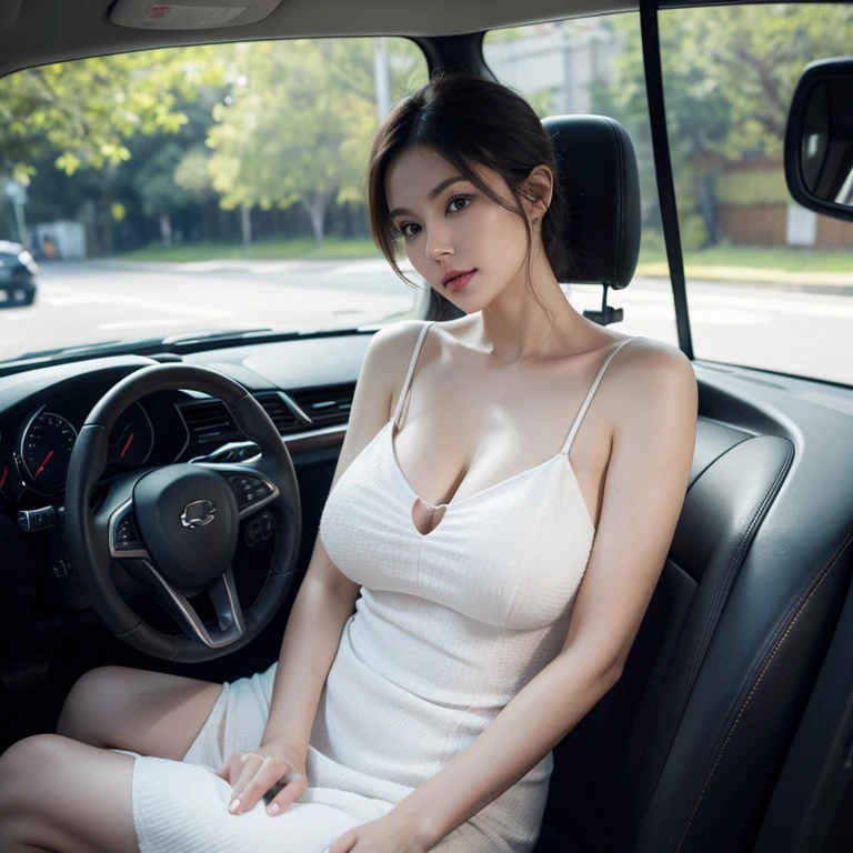 Woman sitting in the driver's seat of a car and holding the steering wheel.wearing a white dress .45 years old. Has big breasts of J cup.,Rounded buttocks,Beautiful woman with slender,looking camera,Wear clothing that does not expose too much skin.Suspicious expressions