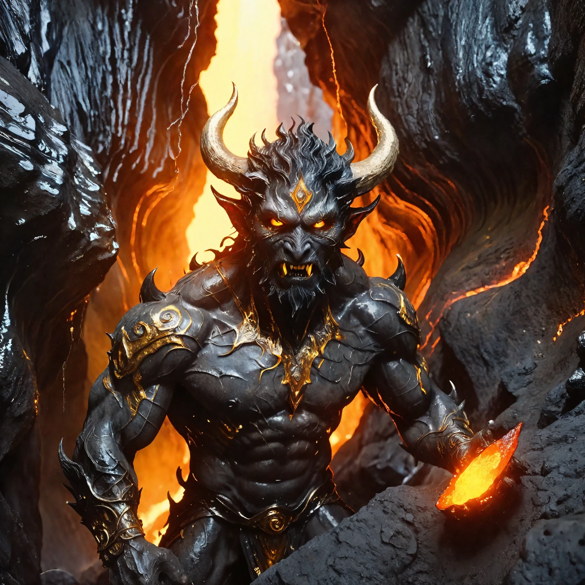 Full-body portrait of a colossal lava demon, forged from molten rock and stone, viewed from below. The demon’s towering form and power are emphasized by a low-angle perspective, as if through a 100mm lens. The composition follows the Golden Section, with the demon centered, showcasing its dramatic scale. High contrast backlighting highlights the demon’s intricate costume details, mirroring flowing lava’s fluidity and texture. Set in an indoor volcanic cave, the scene embodies the raw might and fury of elemental forces, with the demon’s facial features and posture adding to the awe-inspiring depiction.