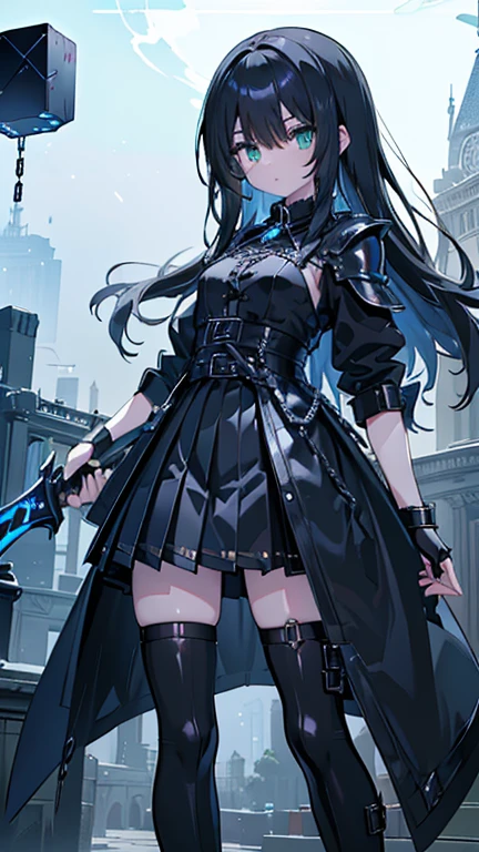 ((alone)) ((Artwork)) ((high quality)) ((Perfect Face)) ((Small breasts)) ((Wide Hips)) ((Tight waist)) ((beautiful)) ((Black Hair)) ((Long Hair)) ((Pale skin)) ((Button nose)) ((Green Eyes)) ((Gothic superhero armor in black with dark red details, Pleated skirt and thigh-high boots)) ((She has a sword in her right hand, The sword has a chain attached to the handle)) ((She is holding a cube in her left hand, Mysterious metallic black cube with shiny blue accents )) ((She&#39;s on top of a building in a lifeless city, Just plants growing on destroyed buildings, Background smoke and fog))