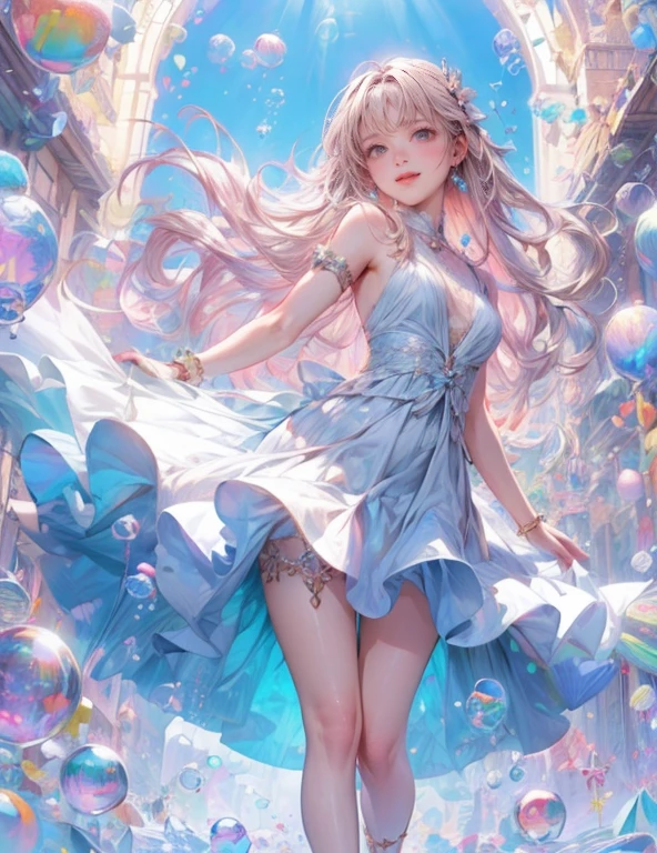 masterpiece:1.2, highest quality, 16k, highres, ultra-realistic:1.37, beautiful detailed:1.2, beautiful woman, standing, beautiful posing, bubble, heart shape bubbles:1.5, Countless bubbles (heart shape:1.2, vibrant colors), bubbles of various sizes, bubbles:1.2, too many bubbles:1.2, happily smile, beautiful delicate(hair, face, long eyelash, eyes, pupils, lips, knee, anklet, bubbles), sparkling eyes, shining rosy lips, blushed cheek, through bangs,