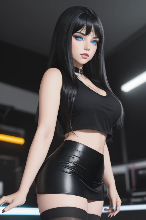 masterpiece, gothic aesthetic, dream atmosphere, ultra realistic, 16k, best quality, absurdres, perfect anatomy, 1girl, goth brunette, voluminous silky hair, cute hair fringe, goth makeup, realistic turquoise eyes (intense look). pale-white skin (highlighted), realistic shading, solo, Caera, realistic blue eyes, black t-shirt, small natural breasts, proportional hips, thick thighs, thick legs, black mini skirt, tights (realistic textures), pretty seductive, upper body, beautiful girl, happy, inside a (neon lights) modern house, different poses at different angles, blurred background, cinematic, Photorealistic.