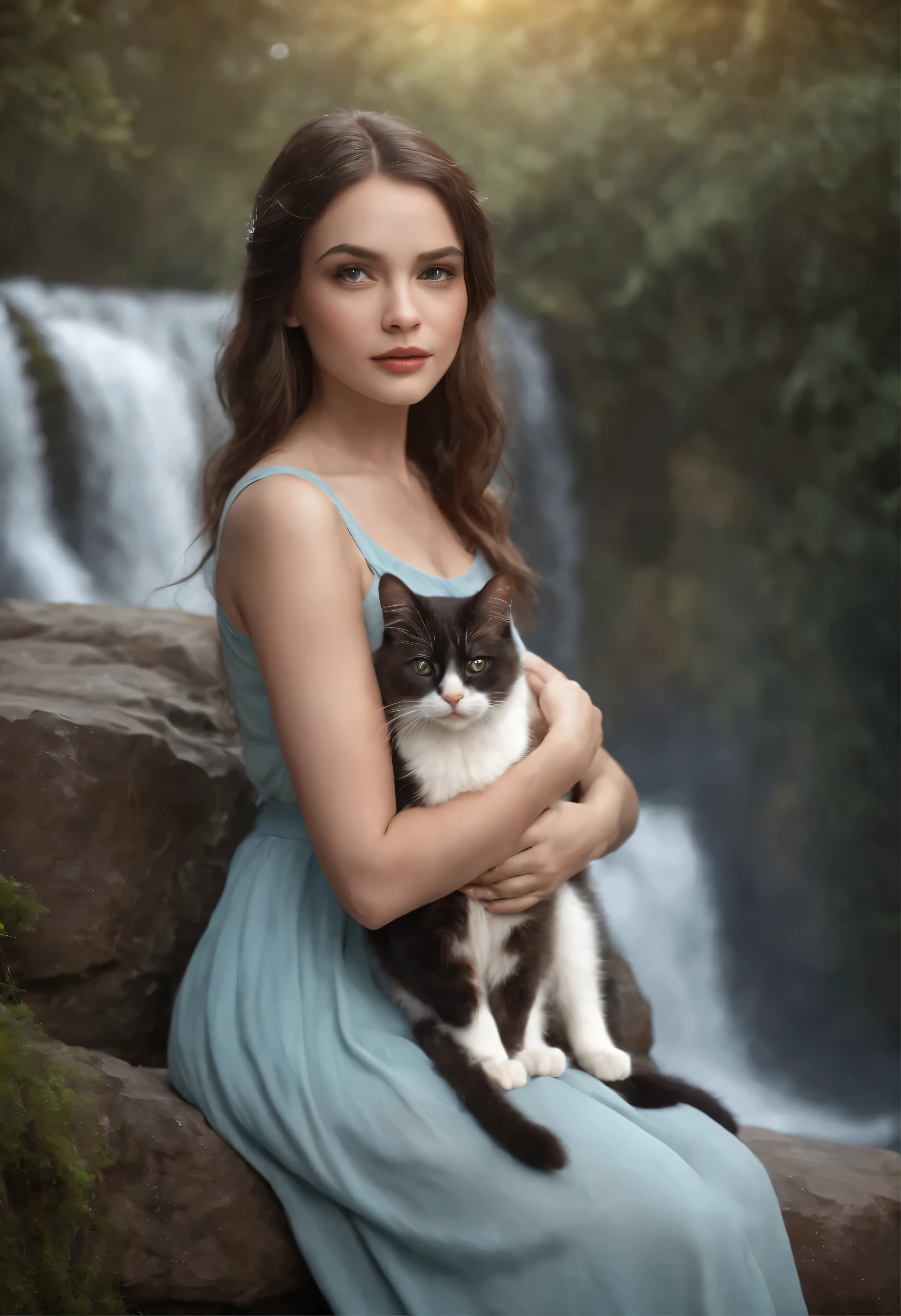 There is a girl holding a cat in front of a waterfall, beautiful Fantasy art, very beautiful Fantasy art, beautiful Fantasy art portrait, Beautiful fantasy paintings, Realistic fantasy painting, Monet, breathtaking Fantasy art, Fantasy art, Graphic artist Magali Villeneuve, Fantasy Beautiful, beautiful fantasy portrait, Fantasy art portrait,