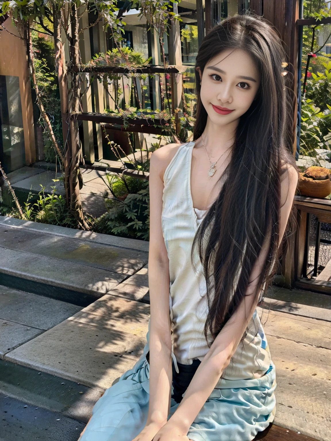 She was wearing a simple and fresh light blue dress,The skirt flutters lightly like a cloud,The surrounding blooming flowers and green grass contrast with each other,It forms a beautiful scene like a poem and a painting。She is like a cute elf from a fairy tale,Bringing endless joy and vitality to this warm courtyard,It makes people want to get close to her,Feel her lively and lovely charm。