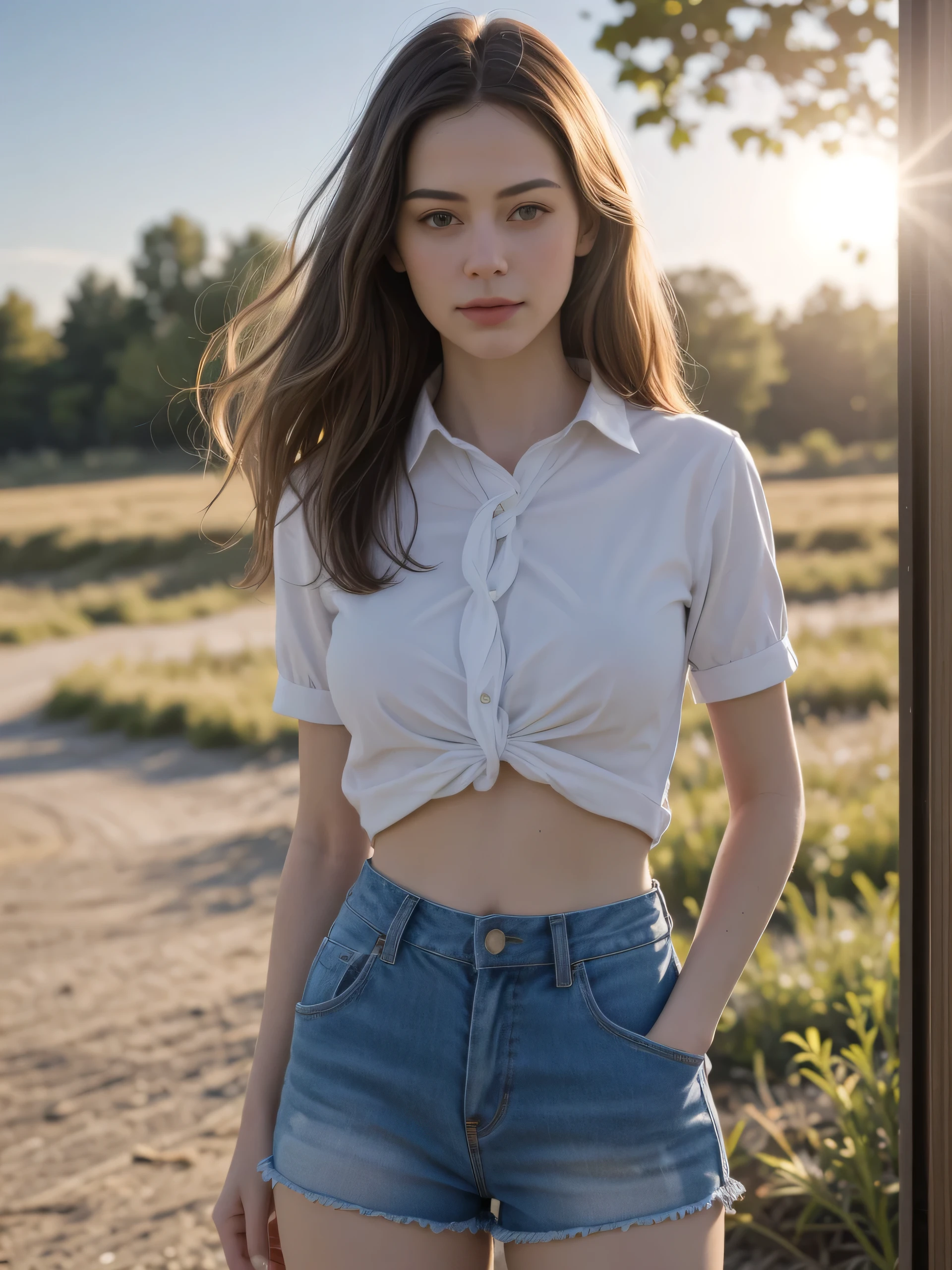 (Best quality, photorealistic, reality, realistic detail), close-up portrait, rendered with Ulreal-engine 5.2, A beautiful young girl, looking alike Kaya Scodelario, (slim body shape :1.4), big breasts, delicate face, (((Wearing a knot front short sleeves plaid shirt and rip shorts))), at downhill, sunset, lensflare, walking on dirt road, smirk, staring seductively.