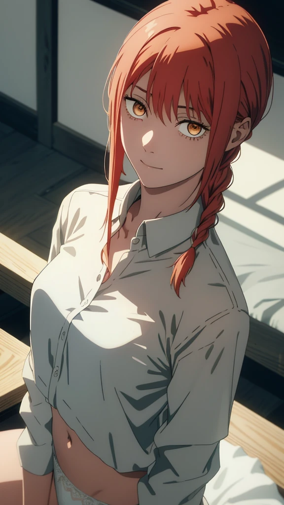 Makima \(Chainsaw Man\),, Two Girls, only, sit, Redhead, Long braided hair, Golden Eyes,White lace panties, Medium breast, {{{{{(not showing one's neck:1.2)}}}}}, {{{{{pov hand choke strike your neck:1.4}}}}}, shirt, Perfect collarbone,(White panties), (just:1.2), Watching the audience, (Close-up:1.3), , Upper Body, Best Quality, Glowing Skin, highest quality, High resolution, stomach, bed