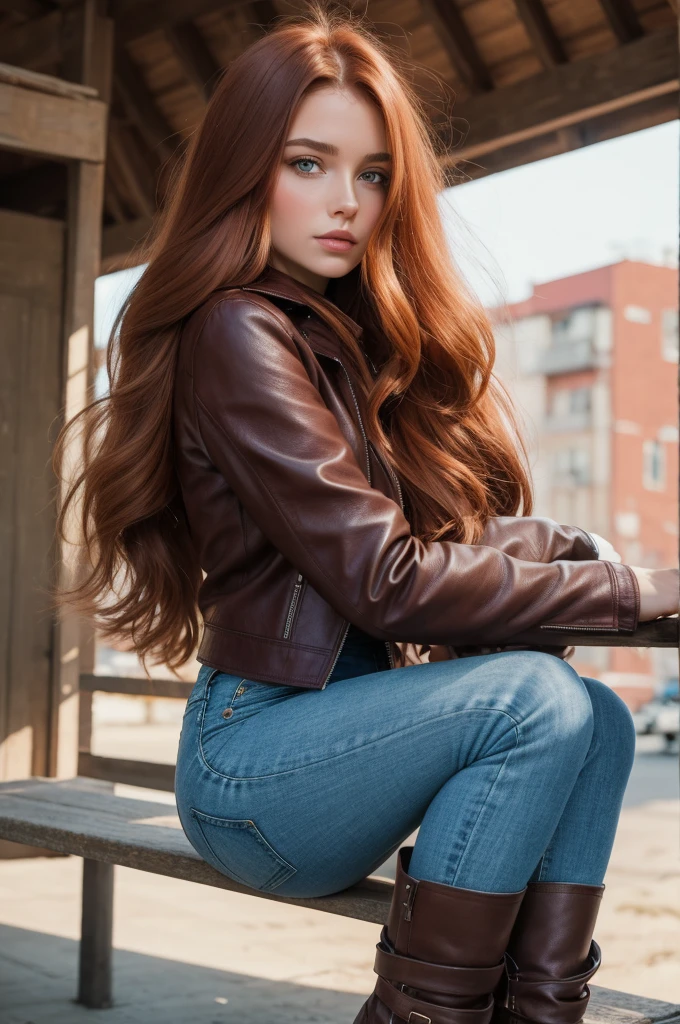 Editorial Photography 1980's style, a gorgeous serbian girl with long ginger hair. Burgundy leather jacket, sweater, skinny denim pants and riding boots, she carries a leather backpack with her. The air is clear, calm and quiet ambient, detailed soft pale skin. 35 mm. (nikon d850)​, realistic skin texture, atractive features, dream beauty, ethereal beauty from Serbia, she has an angelical face and she's delicacy and sweetness in person.
