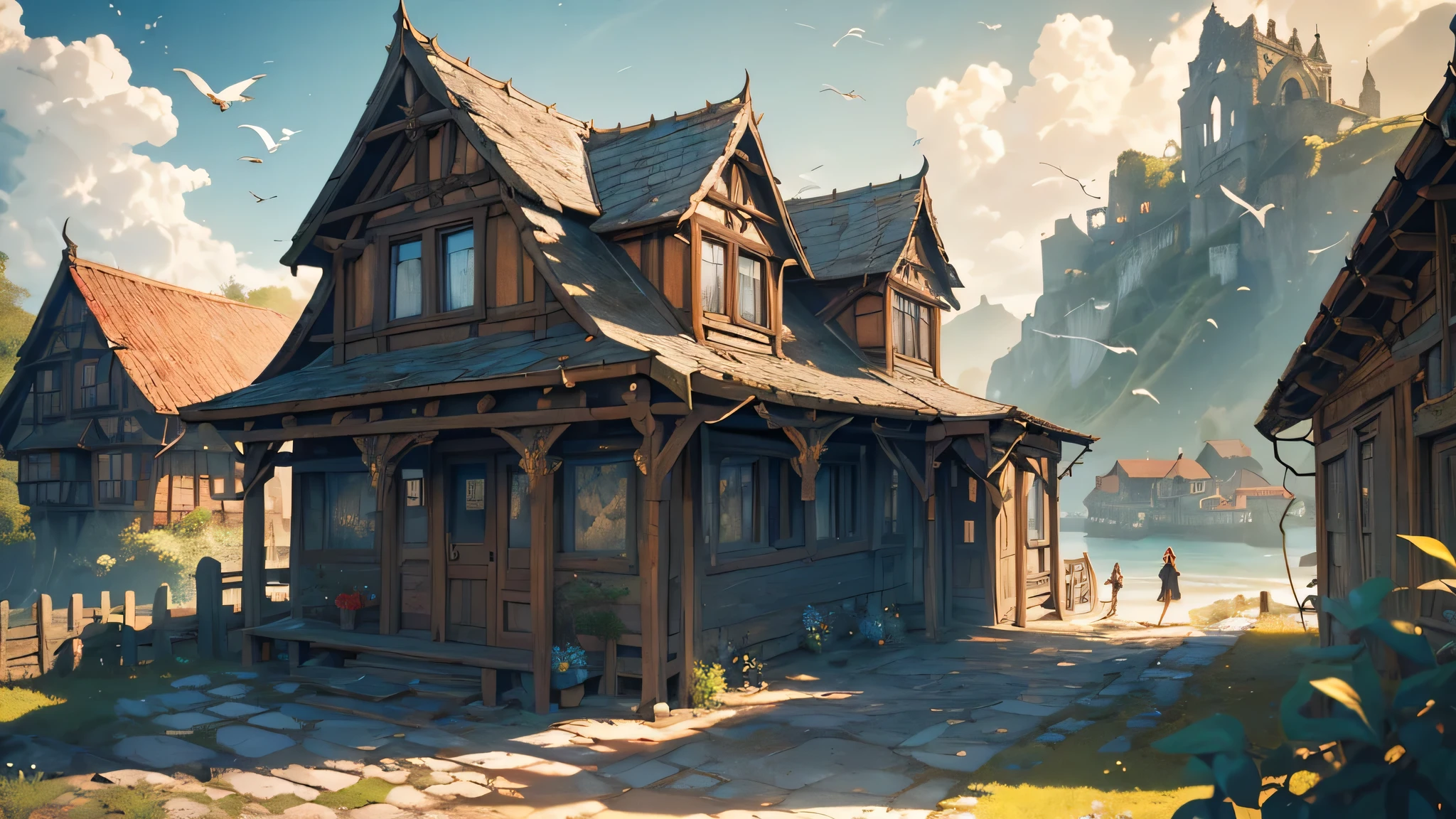 (a girl with long black braided hair,black adventure clothes),(knocking on the door of a house on outskirts of town,on the edge of the harbor),(near sea,medieval fantasy theme),(best quality,4k,8k,highres,masterpiece:1.2),ultra-detailed,(realistic,photorealistic,photo-realistic:1.37),medium:oil painting,old house with vines crawling up,creaky wooden door with intricate carvings,vibrant colors,soft natural lighting,vivid and contrasting shadows,overcast sky,reflective surfaces,quiet and serene ambiance,medieval architecture,distant mountains,ancient ruins by the seaside,splashing waves,seagulls flying in the background