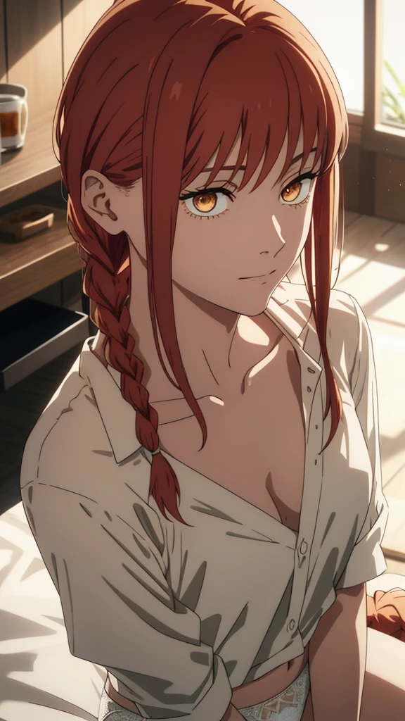 Makima \(Chainsaw Man\),, Two Girls, only, sit, Redhead, Long braided hair, Golden Eyes,White lace panties, Medium breast, {{{{{(not showing one's neck:1.2)}}}}}, {{{{{pov hand choke strike your neck:1.4}}}}}, shirt, Perfect collarbone,(White panties),, Watching the audience, (Close-up:1.3), , Upper Body, Best Quality, Glowing Skin, highest quality, High resolution, stomach, bed