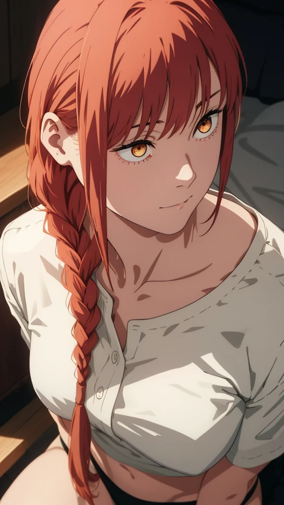 Makima \(Chainsaw Man\),, Two Girls, only, sit, Redhead, Long braided hair, Golden Eyes,White lace panties, Medium breast, {{{{{(not showing one's neck:1.2)}}}}}, {{{{{pov hand choke strike your neck:1.4}}}}}, shirt, Perfect collarbone,(White panties),, Watching the audience, (Close-up:1.3), , Upper Body, Best Quality, Glowing Skin, highest quality, High resolution, stomach, bed