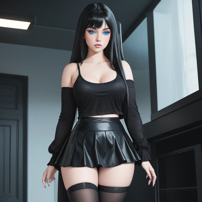 masterpiece, gothic aesthetic, dream atmosphere, ultra realistic, 16k, best quality, absurdres, perfect anatomy, 1girl, goth brunette, voluminous silky hair, cute hair fringe, goth makeup, realistic turquoise eyes (intense look). pale-white skin (highlighted), realistic shading, solo, Caera, realistic blue eyes, black t-shirt, small natural breasts, proportional hips, thick thighs, thick legs, black mini skirt, tights (realistic textures), pretty seductive, upper body, beautiful girl, happy, inside a (neon lights) modern house, different poses at different angles, blurred background, cinematic, Photorealistic.