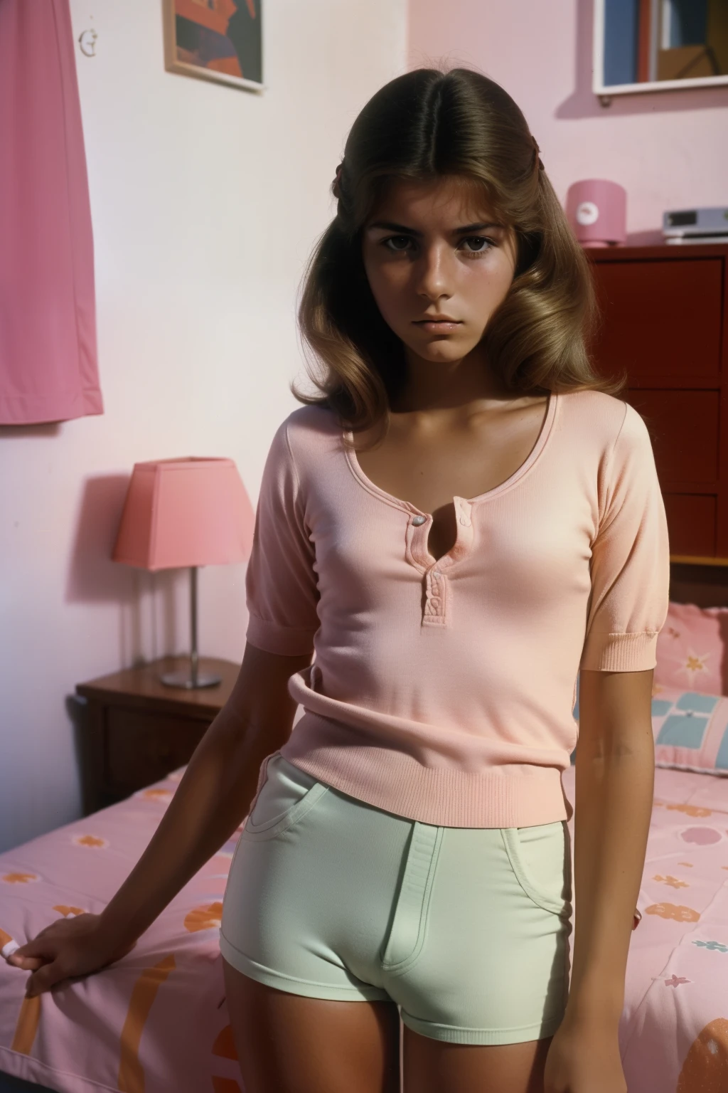 Tharsis, Spain, 1979. A young ((((-yeld)) mela Estévez)), in her bedroom, ((angry expression)), ((((summer clothings from the 1970s)))), ((hairstyle of the 1970s)), pastel colors, colorful