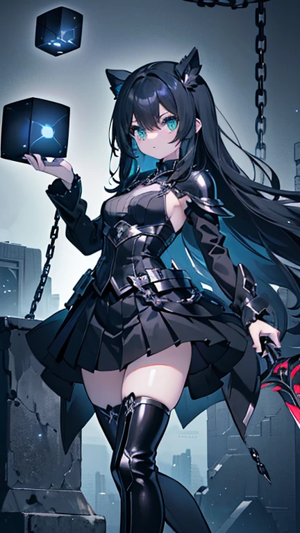 ((alone)) ((Artwork)) ((high quality)) ((Perfect Face)) ((Small breasts)) ((Wide Hips)) ((Tight waist)) ((beautiful)) ((Black Hair)) ((Long Hair)) ((Pale skin)) ((Button nose)) ((Green Eyes)) ((Gothic superhero armor in black with dark red details, Pleated skirt and thigh-high boots)) ((She has a sword in her right hand, The sword has a chain attached to the handle)) ((She is holding a cube in her left hand, Mysterious metallic black cube with shiny blue accents )) ((She&#39;s on top of a building in a lifeless city, Just plants growing on destroyed buildings, Background smoke and fog))