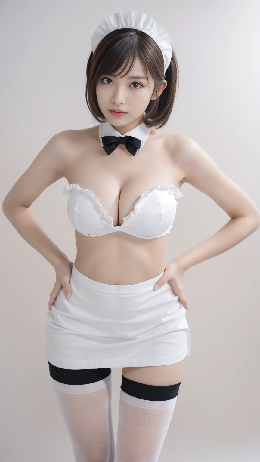 (Emo art:1.6),(8k, RAW photo, best quality, masterpiece:1.3),(photorealistic:1.25), HDR, UHD, dynamic,(colorful:1.35) , blooming light effect,(blurry backround),
BREAK
1 girl, solo, cleavage ,Young and beautiful girl, perfect body figure, perfect body figure, full pov, Perfect body, (Starting below:1.3), lewd poses, long sexy legs, self-assured, Beautiful Sexy,(extremely beautiful lady hands on hips:1.3), (Dynamic movement), show legs ,busty ,nipples ,intricate details, athletic and fit body, adorable, vibrant, playful, perfect hands, detailed hands, perfect eyes, detailed eyes,(gyaru:1.2), (tanned skin:1.1), (dynamic posing:1.2),(realistic skin and hair texture, detailed beautiful & luster & grossly),(short straight amber hair:1.3),(streaked hair),Long narrow eyes, nasally face ,A nicely protruding chin,(High nose),((Long bangs:1.3)),enchanting, adorned, charming,captivating, alluring, stylish, bedazzled,(fit body:1.2),(Camel toes:1.4), S-shaped body, Upturned buttocks,posing on a,Pose,Different Perspectives,
BREAK
(sexy french maid costume:1.4), (fusion of (short puff sleeves black blouse) and (black bustier):1.4), ((strapless, bare shoulders):1.4), ((collarbone, emphasize breast cleavage):1.3), (wearing a white half-apron with ruffles over a black miniskirt:1.4), (white half-apron:1), ((white brim, maid headband) with ruffles:1.3), (white overknee socks:1.3), (ruffled choker with bow-tie:1.3), (pumps with heels:1.2),
BREAK (blue small ribbon on white overknee socks:1.3),BREAK (wind:1.4),(white background:1.4),