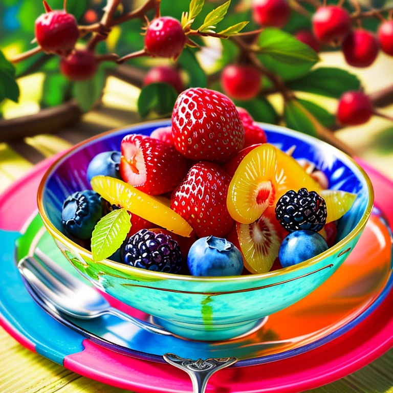 Dreamscape a bowl of strawberry and blueberry, colored fruit stand, plates of fruit, healthy, high quality food photography, yummy, amazing food photography, vivid vibrant colors, fresh fruit, natural morning light, shutterstock, vibrant and powerful, vibrant vivid colors, rich colourful, fruits, istock, stock photo, gems and diamond for fruit, stock image, vibrant colors . Surreal, ethereal, dreamy, mysterious, fantasy, highly detailed