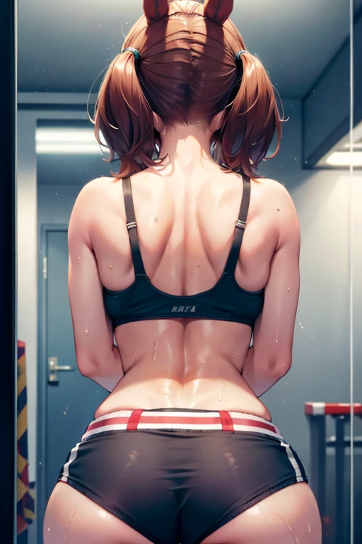 nicenature in sexy mini shorts and sports bra, crouched deadlifting with a bar with her back facing a gym mirror, sweating, High Resulution, UHD, detailed image.