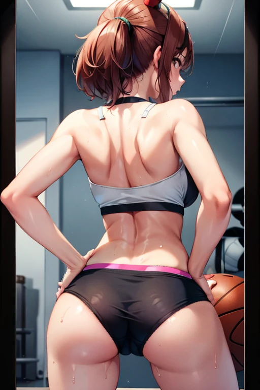 nicenature in sexy mini shorts and sports bra, crouched deadlifting with a bar with her back facing a gym mirror, sweating, High Resulution, UHD, detailed image.