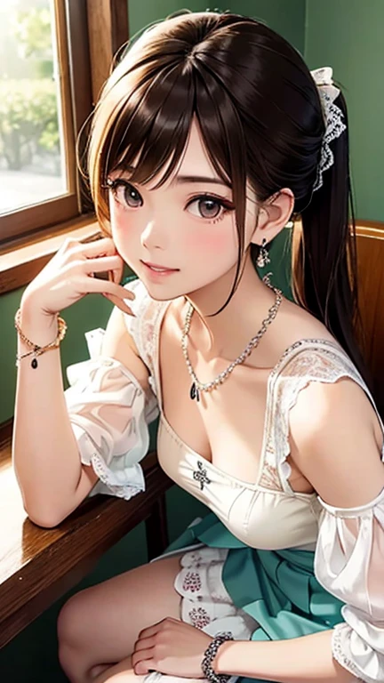 highest quality、High resolution、Detailed Background、Beautiful and dense face、Beautiful, smooth skin、Skin Texture、cute10代の美少女、Realistic、Perfect body line、ponytail、cute髪型、Calm atmosphere、
Happy expression、smile、Laughter、sexual expression、Upper Body、Tea time at the cafe、small breasts,
Choose white or pastel colors for your lace tops and flared skirts....、Sandals or heels、
If your lace top is see-through, You can also wear it with a camisole underneath for an elegant look..。..、
Choose a lace blouse in a soft color、Add some feminine movement with a pleated skirt.、
Adding lace to the sleeves and collar of the blouse makes it even more cute.、
Choose a colorful lace camisole、Add elegance with a midi skirt、cute、Simple and elegant pearl earrings、delicate chain necklace、
An elegant and sophisticated watch、It&#39;s best to choose a design that suits your taste and style....、Leather Belt, Metal Belt、
A simple bracelet that looks great on your wrist、Thin chain and simple design、Thin ring on fingertip、Pay attention to proper balance and layering、cute日本人,lie on own back,overhead shot,show off bra, light yellow bra,small breasts,