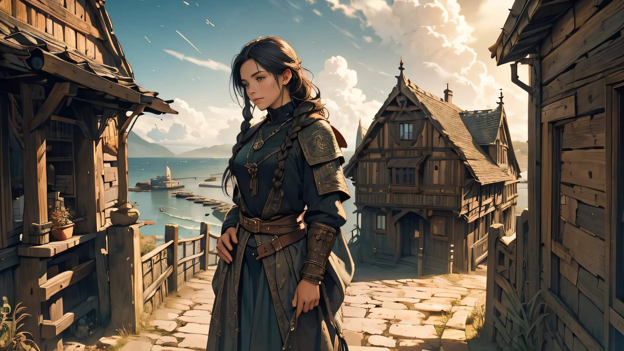 A girl with long black braided hair, wearing black adventure clothes, knocking on the door of a house on the outskirts of town, near the sea and harbor, medieval fantasy theme. (best quality,4k,8k,highres,masterpiece:1.2), ultra-detailed, (realistic,photorealistic,photo-realistic:1.37), HDR, mystical lighting, oil painting, detailed door, vintage texture, dilapidated medieval architecture, old wooden door, intricate braids, intense gaze, rustic landscape, dramatic clouds, hidden secrets, mysterious atmosphere, long shadows, cobbled street, ancient stone walls, worn-out clothes, weathered door handle, vivid colors, epic adventure, dreamlike ambiance, foggy sea breeze, subtle reflections, captivating storytelling, magical aura, captivating composition.