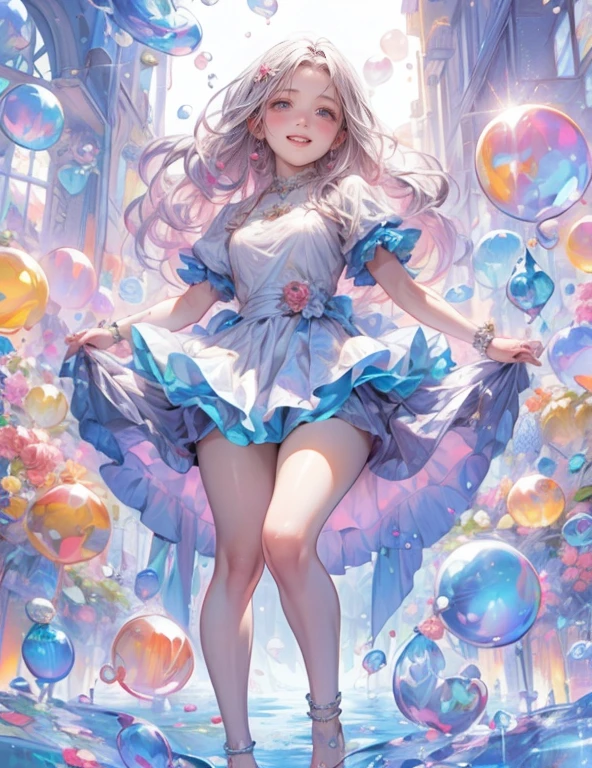 masterpiece:1.2, highest quality, 16k, highres, ultra-realistic:1.37, beautiful detailed:1.2, beautiful woman, standing, beautiful posing, bubble, heart shape bubbles:1.5, Countless bubbles (heart shape:1.2, vibrant colors), bubbles of various sizes, bubbles:1.2, too many bubbles:1.2, happily smile, beautiful delicate(hair, face, long eyelash, eyes, pupils, lips, knee, anklet, bubbles), sparkling eyes, shining rosy lips, blushed cheek, through bangs,