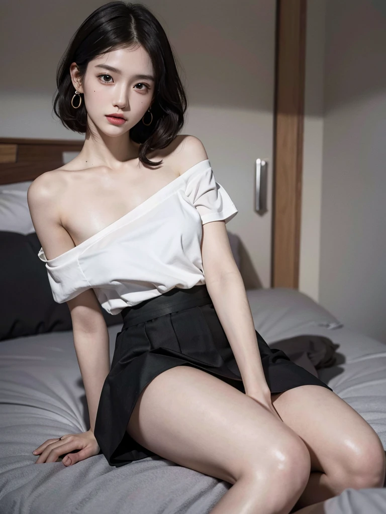 absurdres, RAW photo, extremely delicate and beautiful, masterpiece, Best Quality, ultra high resolution, 32k, hyperrealistic, ultra-detailed, detailed description, pale skin, 20 years old, detailed beautiful face and eyes, tearful mole, earring, Colossal tits, short medium hair, wavy hair, full body shot, alone, shirt, skirt, bare legs, bare shoulder,