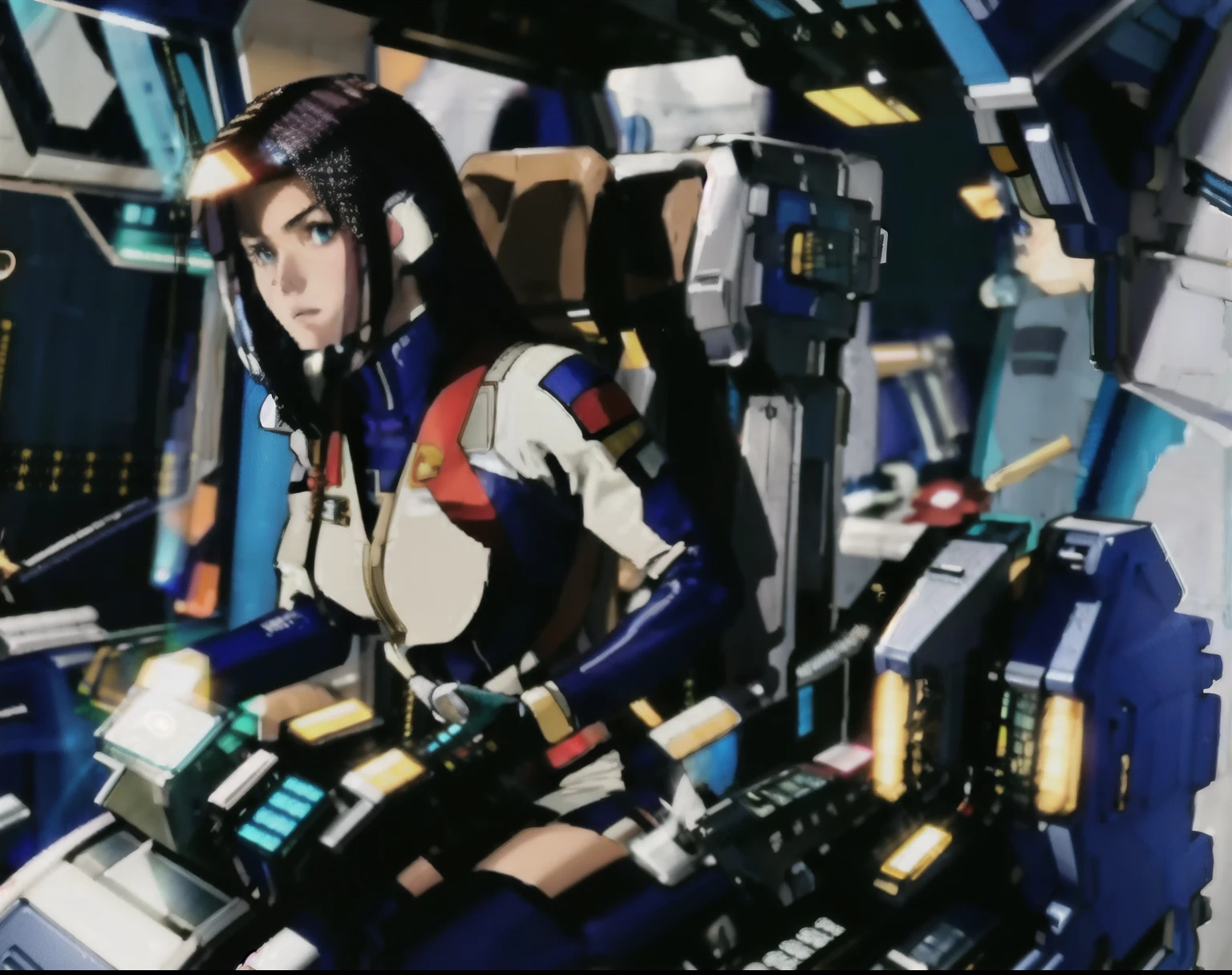 best quality,masterpiece,very detailed,very detailed,1g ,Gundam Seed Pilot , Kira Yamato, 
cyborg ,Latex bodysuit, Full-length zipper,    ( in Mscockpit,cockpit  :1.3)    in space. black hair, long hair, blue eyes, (((she's name is Kimchi)))