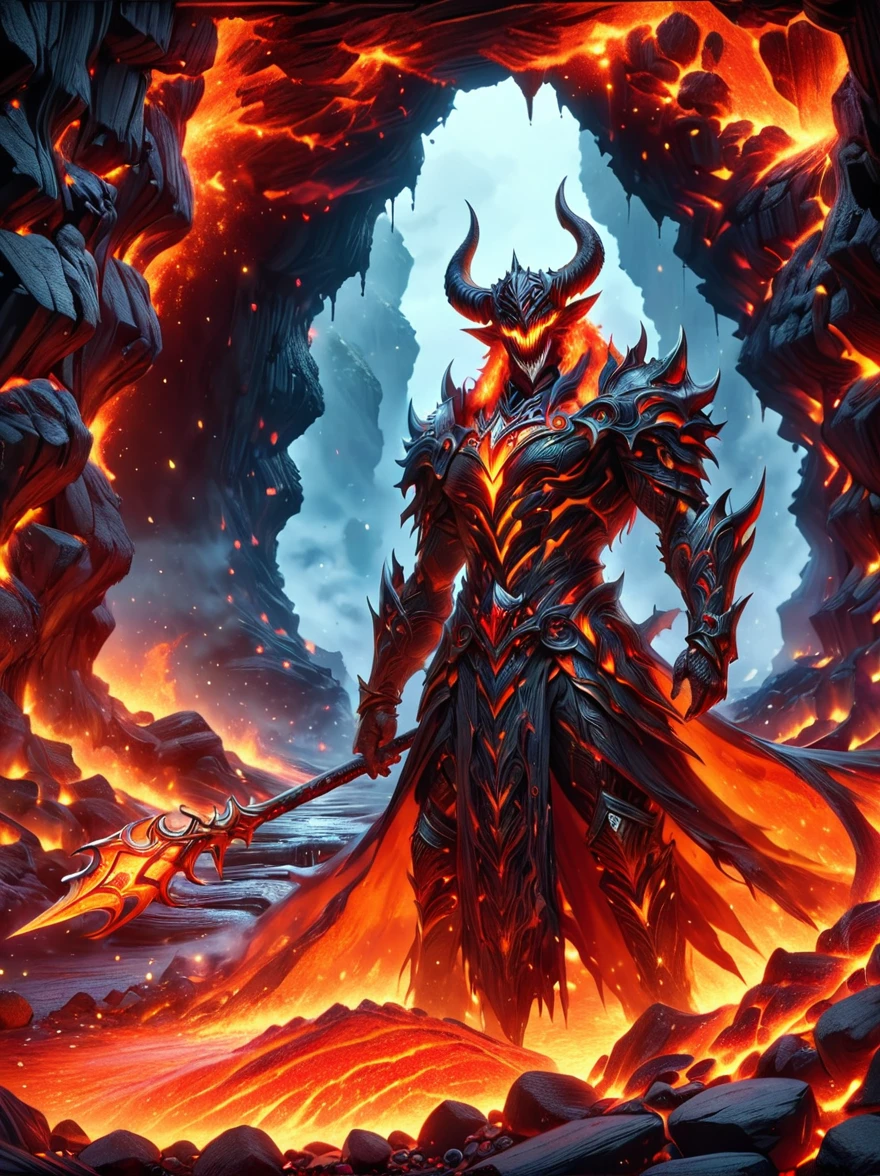 1 demon with a body made of lava，Extremely detailed face and eyes，Burning lava texture，Glowing orange highlights，Black horn，Sharp Teeth，Devilish expression，On the surrounding ground，(Filled with lots of gold coins and precious gems:1.5)，Exudes an alluring glow，This eerie scene is set against a dark and ominous backdrop of a lava cave.，Creates a disturbing yet mesmerizing effect with dramatic lighting，Movie atmosphere，Ultra Detailed，(Best quality，8k，high resolution，masterpiece)，Ultra Detailed，(1.4 times more realism)，HDR，Vibrant colors，Studio Lighting