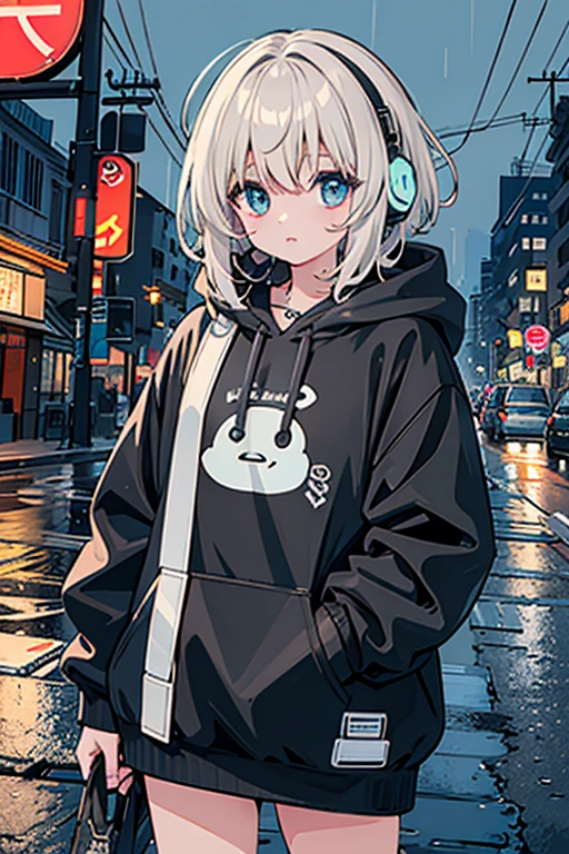 8k resolution、((highest quality))、((masterpiece))、((Very detailed))、1 female、alone、Oversized hoodie、Headphones、street、Outdoor、rain、neon、Shortcuts、Light-colored eyes、Place one&#39;In one hand&#39;pocket、Shorts、Water droplets fall、Downer Style