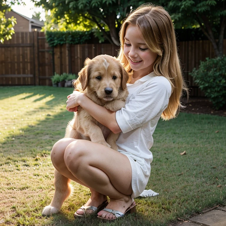 Golden retriever puppy, cute girl, happy, playing backyard, hugging