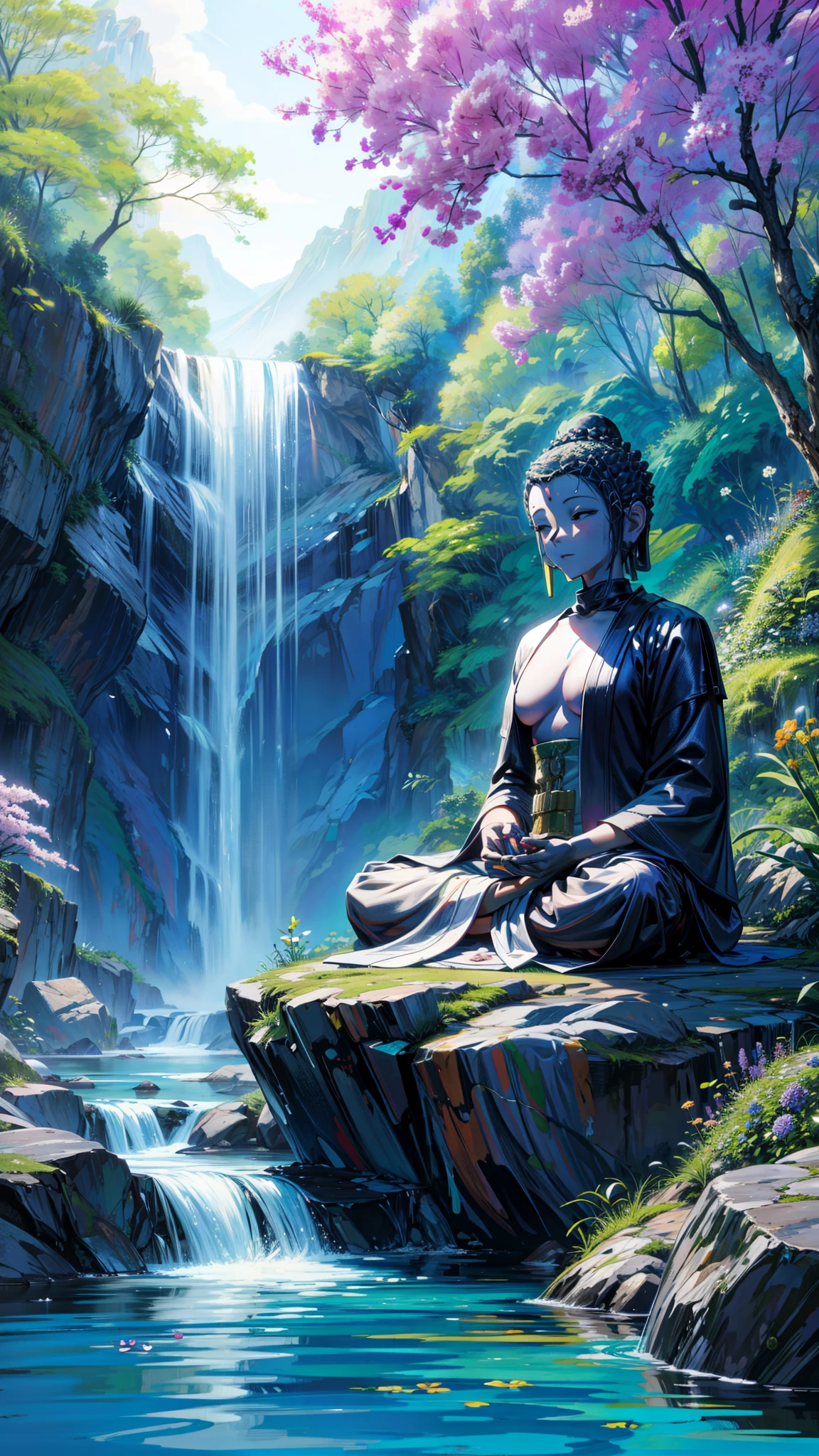 painting of a buddha statue sitting beside of a rock next to a waterfall, buddhist art, blue sky, greenery, trees and plants, purple flowers, white flowers, cherry blossoms, flowers garden, tropical flowers, buddhism, the buddha, multicolored flowers, flowers background, buddhist, zen temple background, on path to enlightenment, stream of love and happiness, beautiful flowing feeling, on the path to enlightenment, buddha, zen atmosphere, spiritual feeling, deep sense of spirituality, spiritual enlightenment, floating in a powerful zen state, field of mixed flowers, grass and flowers, an aesthetic field of flowers, field of flowers, meadow with flowers, field of wild flowers, 4k professional painting, game, detailed key anime art, illustation, a beautiful artwork illustration, beautiful digital painting, highly detailed digital painting, beautiful digital artwork, detailed painting 4 k, very detailed digital painting, rich picturesque colors, gorgeous digital painting
