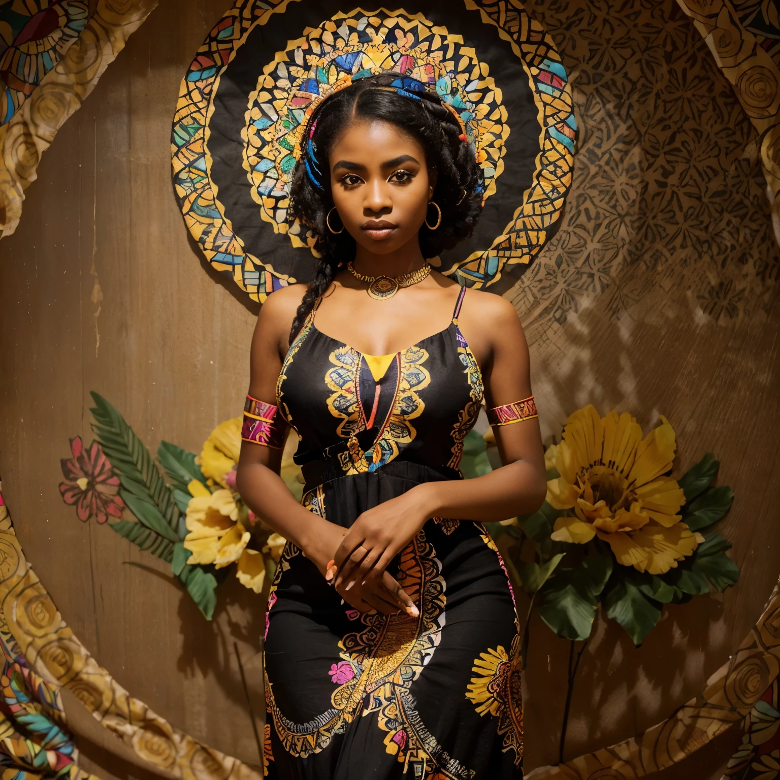 (black girl,beautiful eyes,beautiful lips,thick eyebrows,black eyelashes,african long dress,flowing dress,bright colors,vibrant colors,elaborate patterns,decorative details,floral patterns,cultural motifs,colorful background,diverse colors,contrast colors,striking colors,sophisticated pose,confident pose,natural lighting,beautiful. Full body)