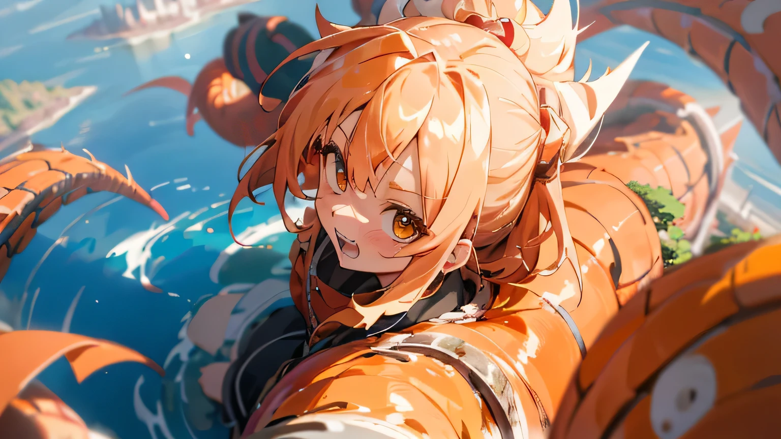 (Mastepiece:1.3),(Best Quality:1.2),8K,Disorganized,Unity 8K Wallpapper,(Extremely detailed:1.3),first-class,Solo Focus, 1 Girl,Looking at the Viewer,During the fall,,Shenlong,Depth of written boundary,( From above:1.3),teeth,sharp theeth,spike,