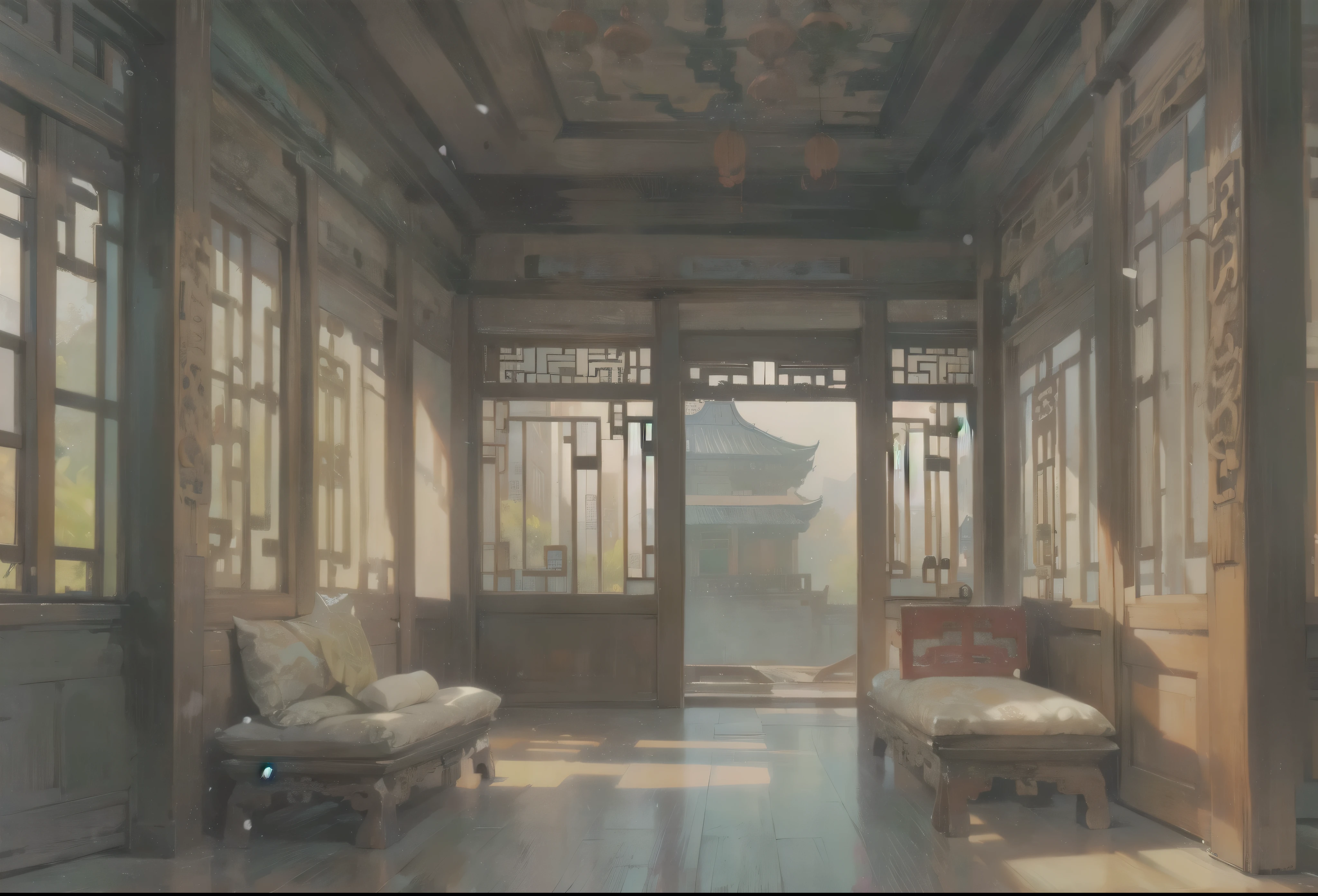 inside Old ancient chinese mansion, ancient traditional mansion, mansion, bight colors, stunning mansion, detailed chinese mansion, indoors, blue sky, daytime, scene, scenery, background, rich ancient chinese mansion indoors, luxury