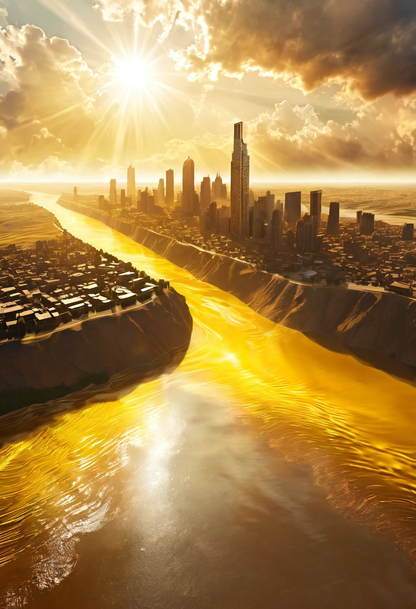 Surreal digital artwork of a mysterious cityscape rising into the sky, The clouds dispersed，The bright sun, Jesus Day，Golden Sunshine，The Yellow River flows on the ground