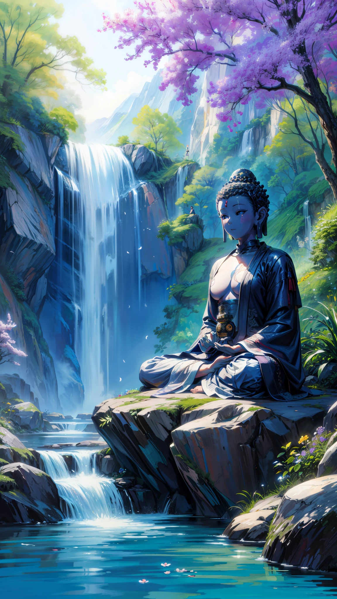 painting of a buddha statue sitting beside of a rock next to a waterfall, buddhist art, blue sky, greenery, trees and plants, purple flowers, white flowers, cherry blossoms, flowers garden, tropical flowers, buddhism, the buddha, multicolored flowers, flowers background, buddhist, zen temple background, on path to enlightenment, stream of love and happiness, beautiful flowing feeling, on the path to enlightenment, buddha, zen atmosphere, spiritual feeling, deep sense of spirituality, spiritual enlightenment, floating in a powerful zen state, field of mixed flowers, grass and flowers, an aesthetic field of flowers, field of flowers, meadow with flowers, field of wild flowers, 4k professional painting, game, detailed key anime art, illustation, a beautiful artwork illustration, beautiful digital painting, highly detailed digital painting, beautiful digital artwork, detailed painting 4 k, very detailed digital painting, rich picturesque colors, gorgeous digital painting