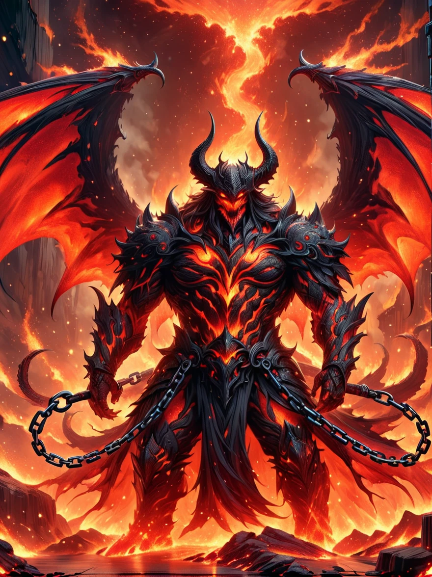 Dark fantasy illustration of a powerful lava demon creature，With clear symbiotic features and excellent lava magma muscles，The demon has intricate, multi-layered wings made of crimson lava.，and decorated with chains resembling burning bats，The creature has glowing wounds，Makes an ominous hissing sound，The demon is shrouded in the shadow of magma，Create a frightening environment，The cosmic background incorporates time，Elements of space and matter，Features celestial and vortex energies，The illustration combines artistic influences from ukiyo-e and film narratives，Gives a sense of awe and fear，The overall feeling is distinctly mysterious and sinister，Subtle influence of anime aesthetics